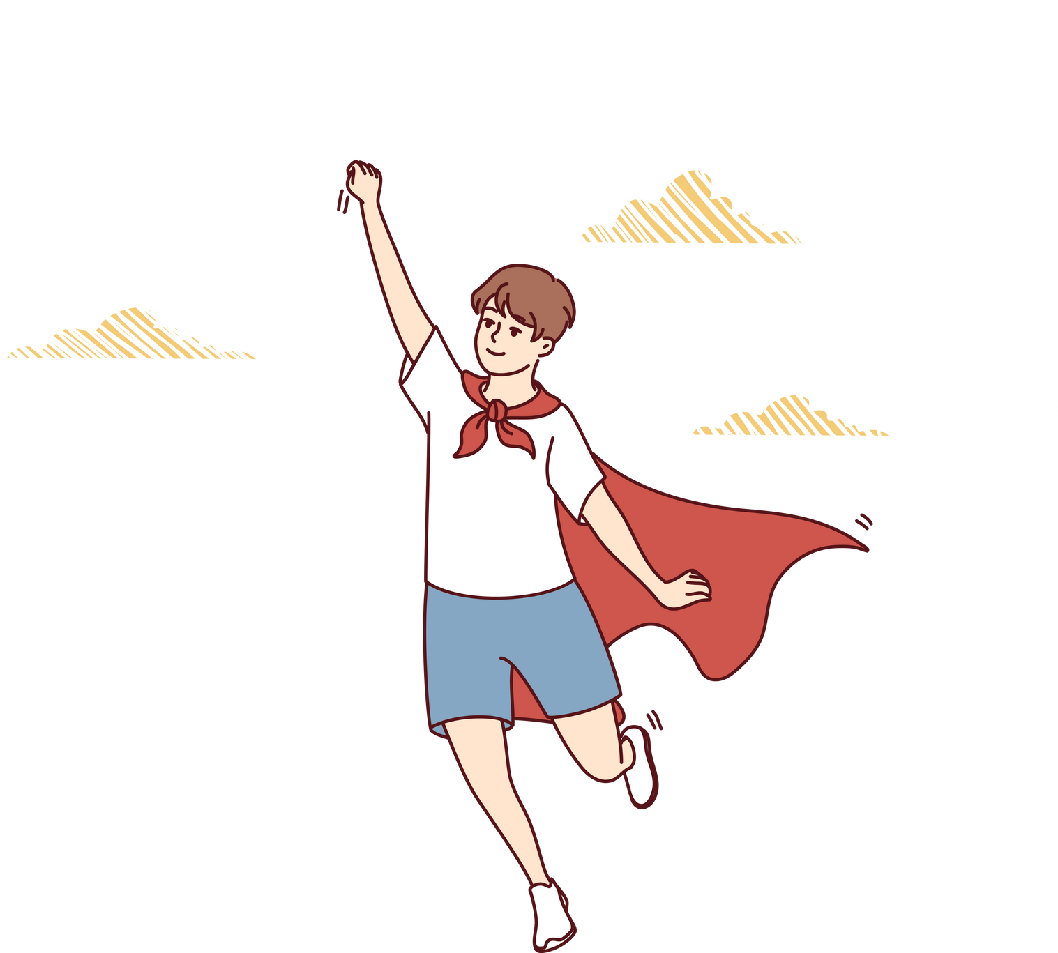 Teenager boy in superhero cape stretches hand up and represents flight to save people. Vector image