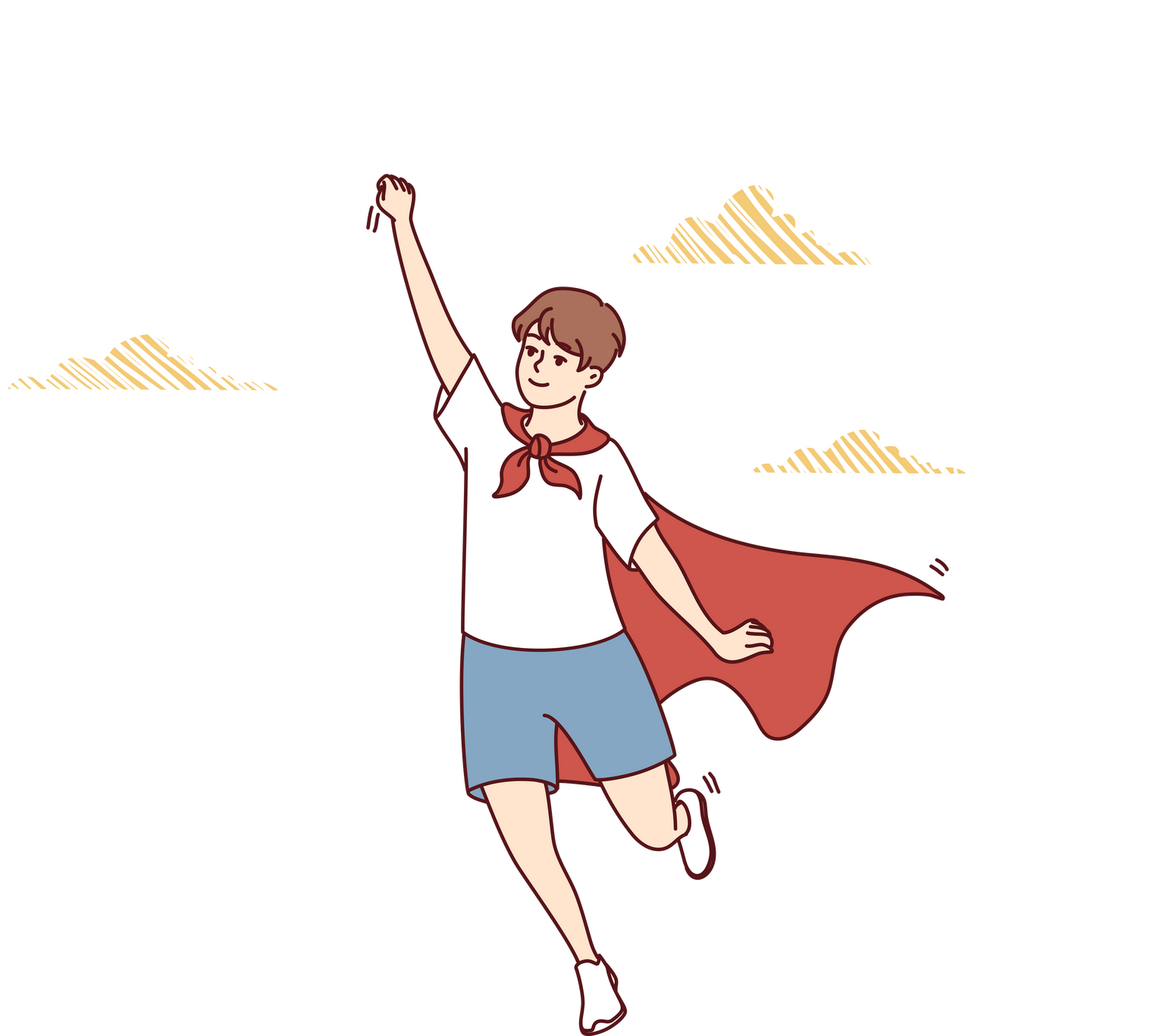 Teenager boy in superhero cape stretches hand up and represents flight to save people. Vector image