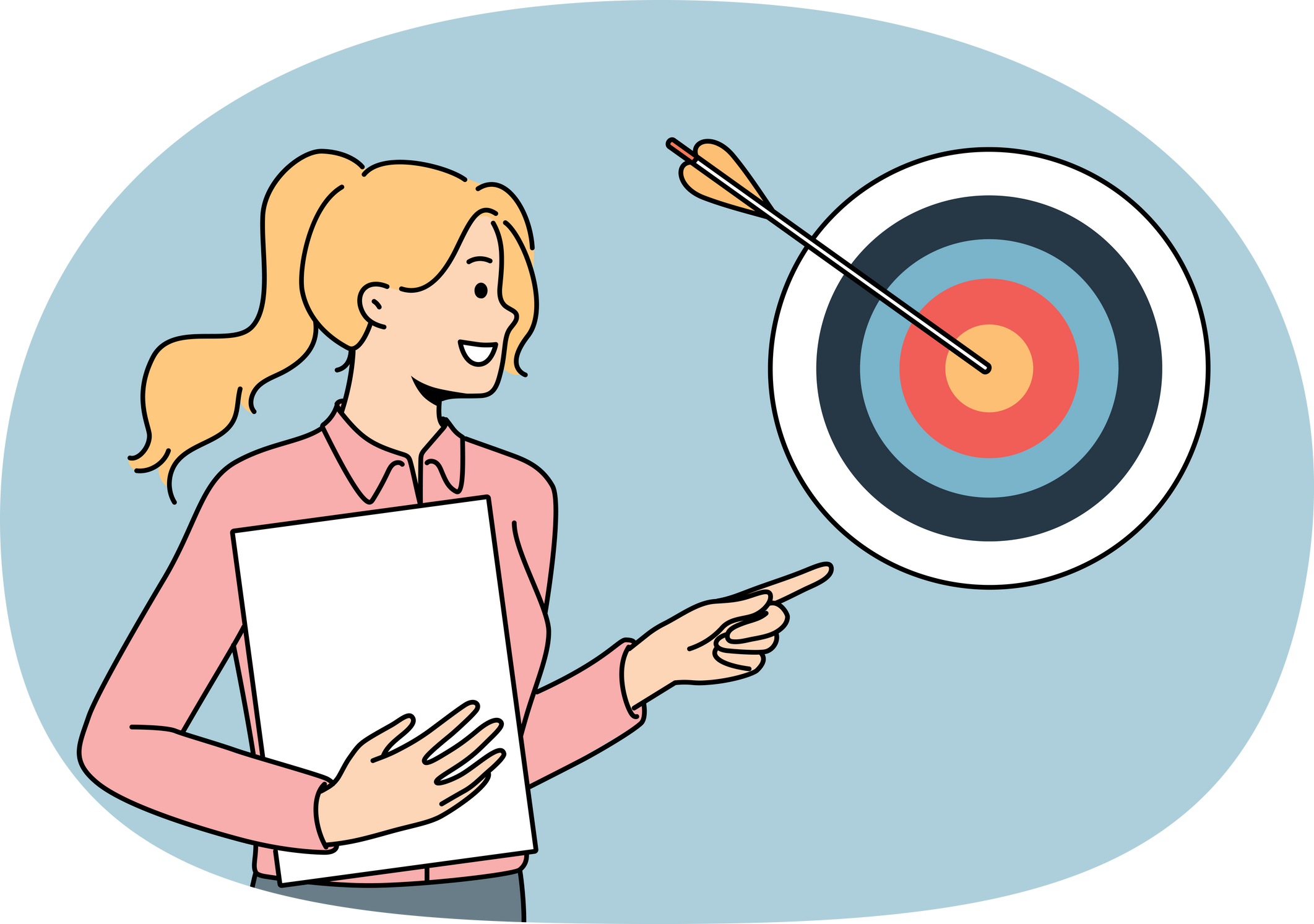 Smiling successful businesswoman posing near arrow reaching hitting target. Confident motivated female employee show aim achievement. Success at work.