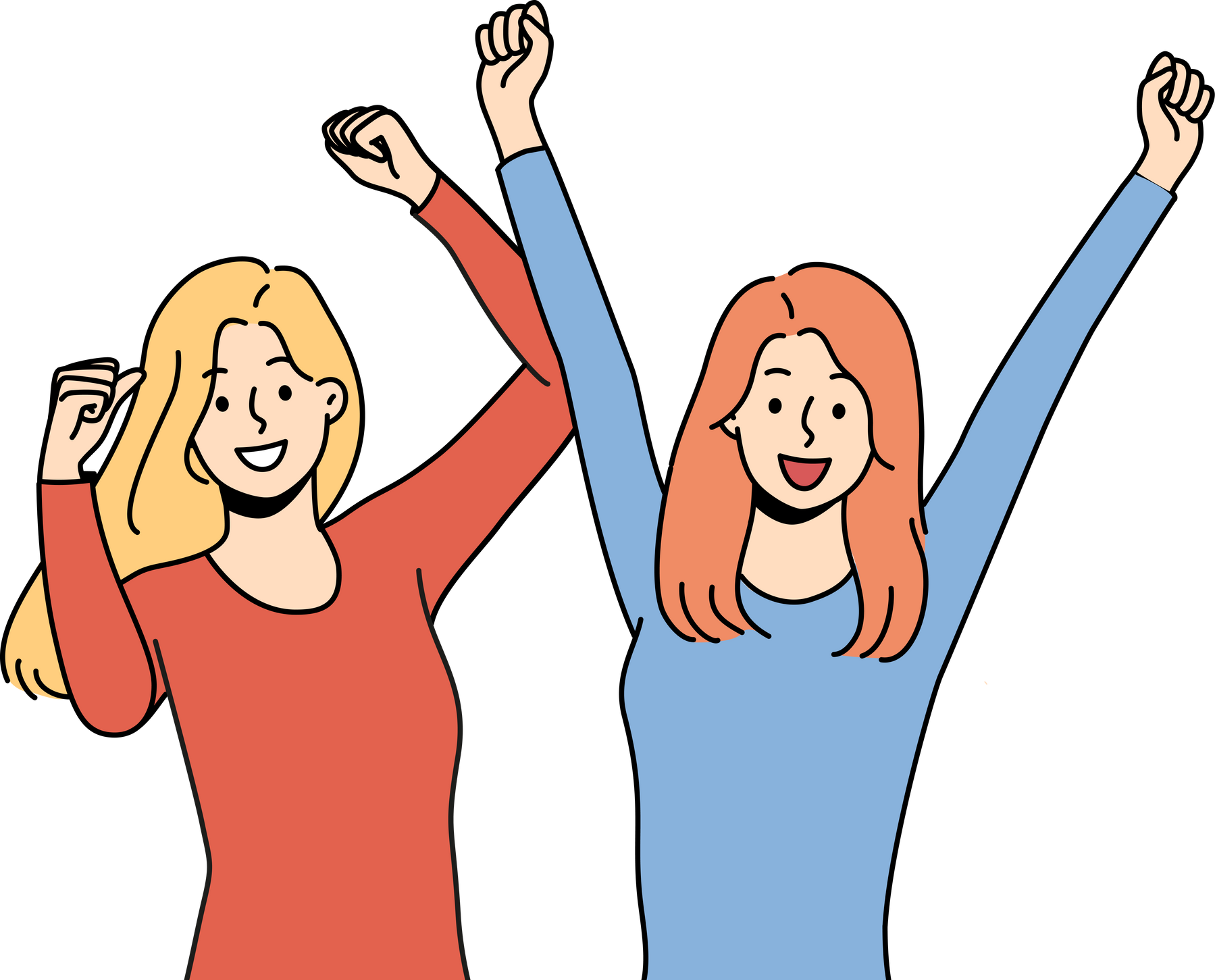 Two women triumphantly raise hands up celebrating successful completion of college