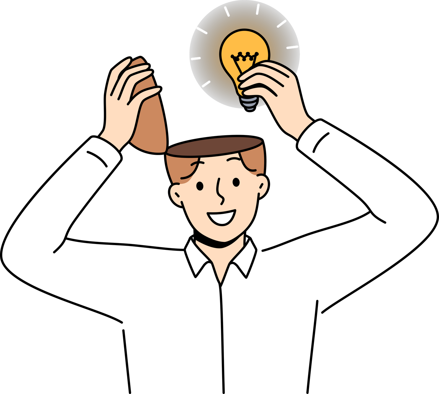 Man Genius with New Idea Takes Light Bulb Out of Head after Brainstorming and Searching for Opportunities to Achieve Success. Creative Guy Comes up with Idea for Marketing Campaign for Company