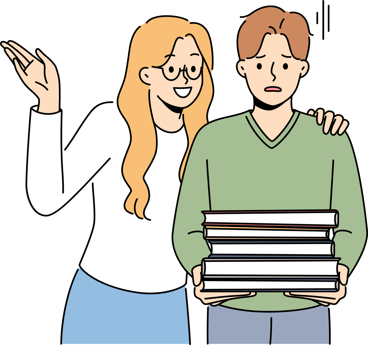 Smiling woman near unhappy man with books pile