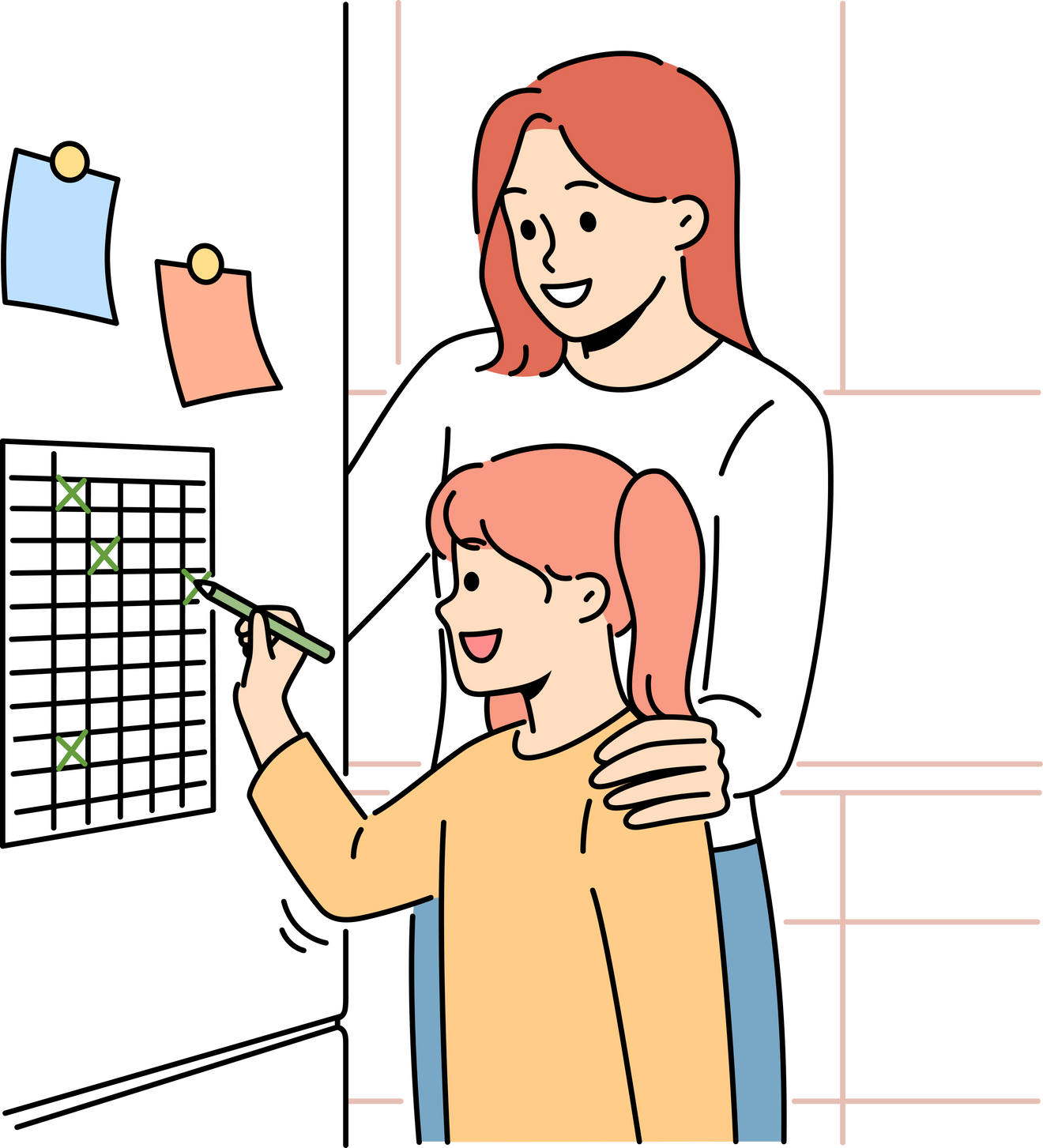 Smiling mother and daughter check tasks on to do list